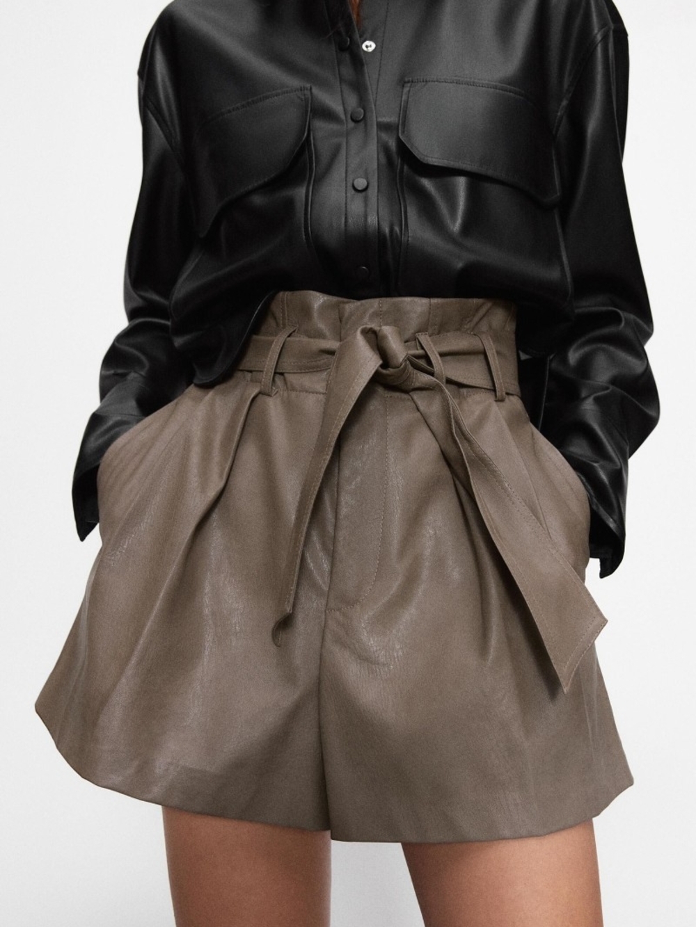 Zara High-Waist Paperbag Tie-Belt Shorts in Taupe